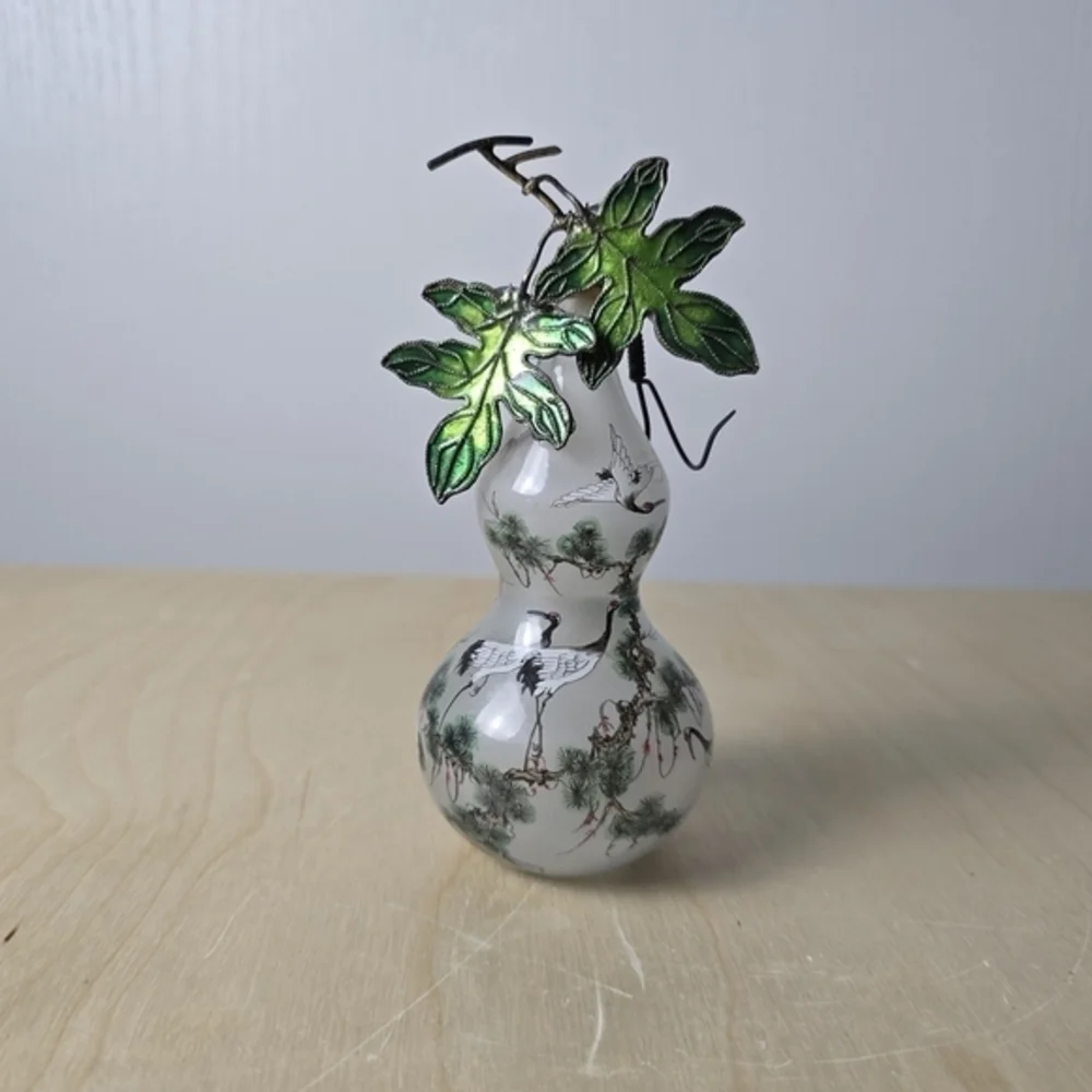Vintage Chinese Inside Hand Painted Glass with Enamel Leafs